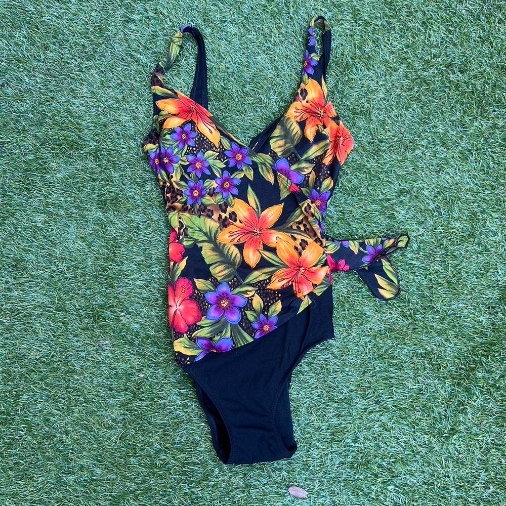 Vintage Tropical One Piece Swimsuit with Tie